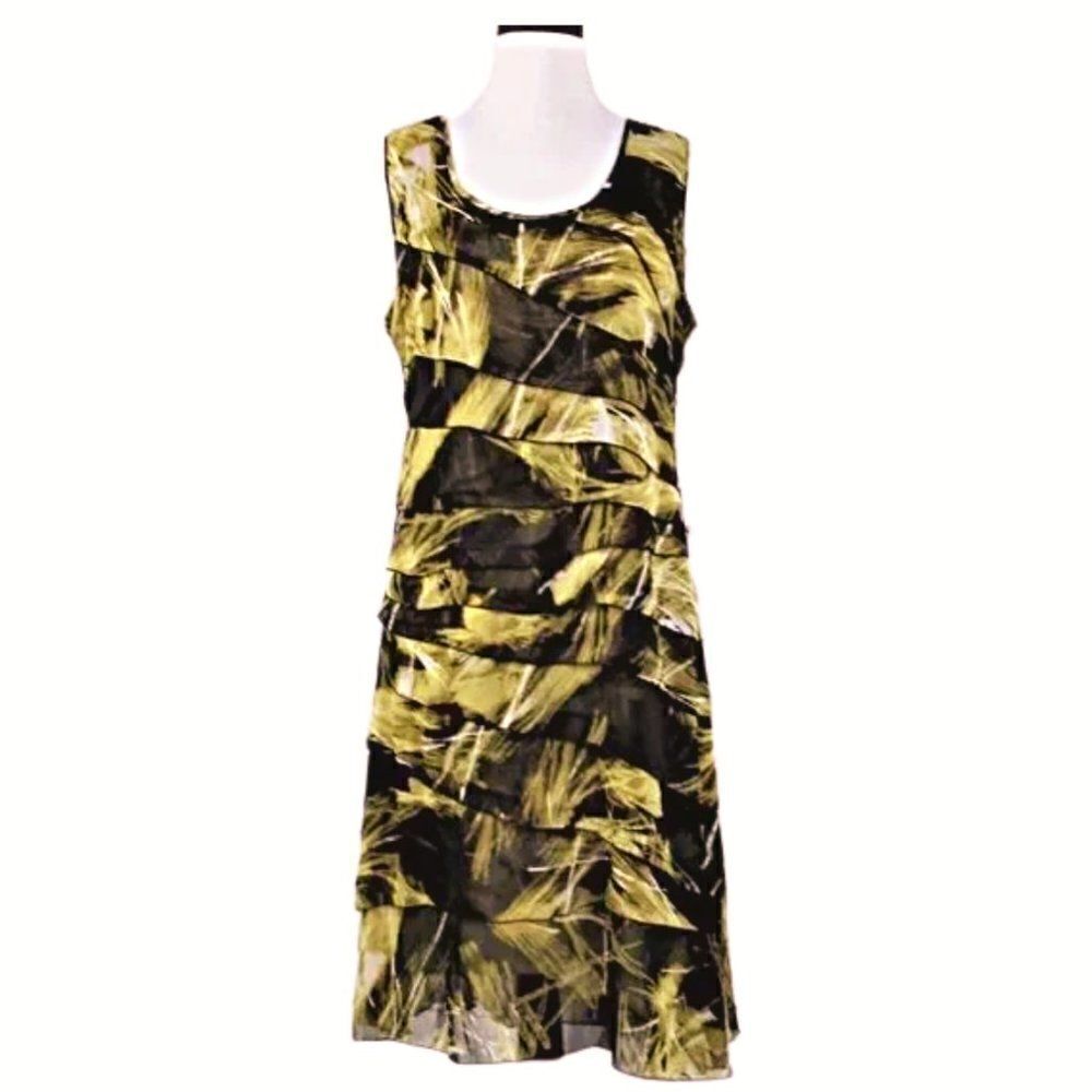  Dress Sleeveless Ruffled Front Midi Length Black &  Yellow  Palm Print Size Lg